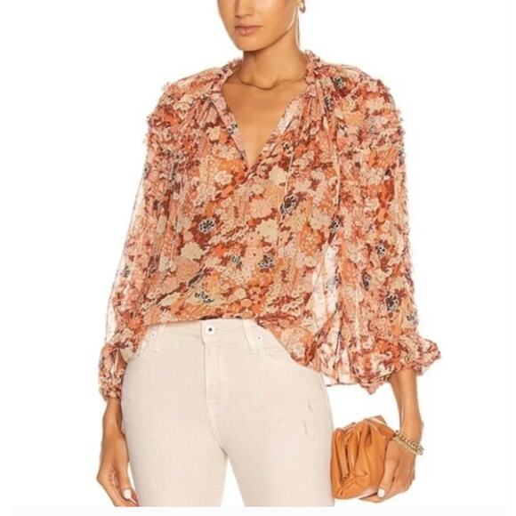 Ulla Johnson Adela Floral Silk Semi Sheer Balloon Sleeve Tasseled Top Women 2 - Picture 1 of 5